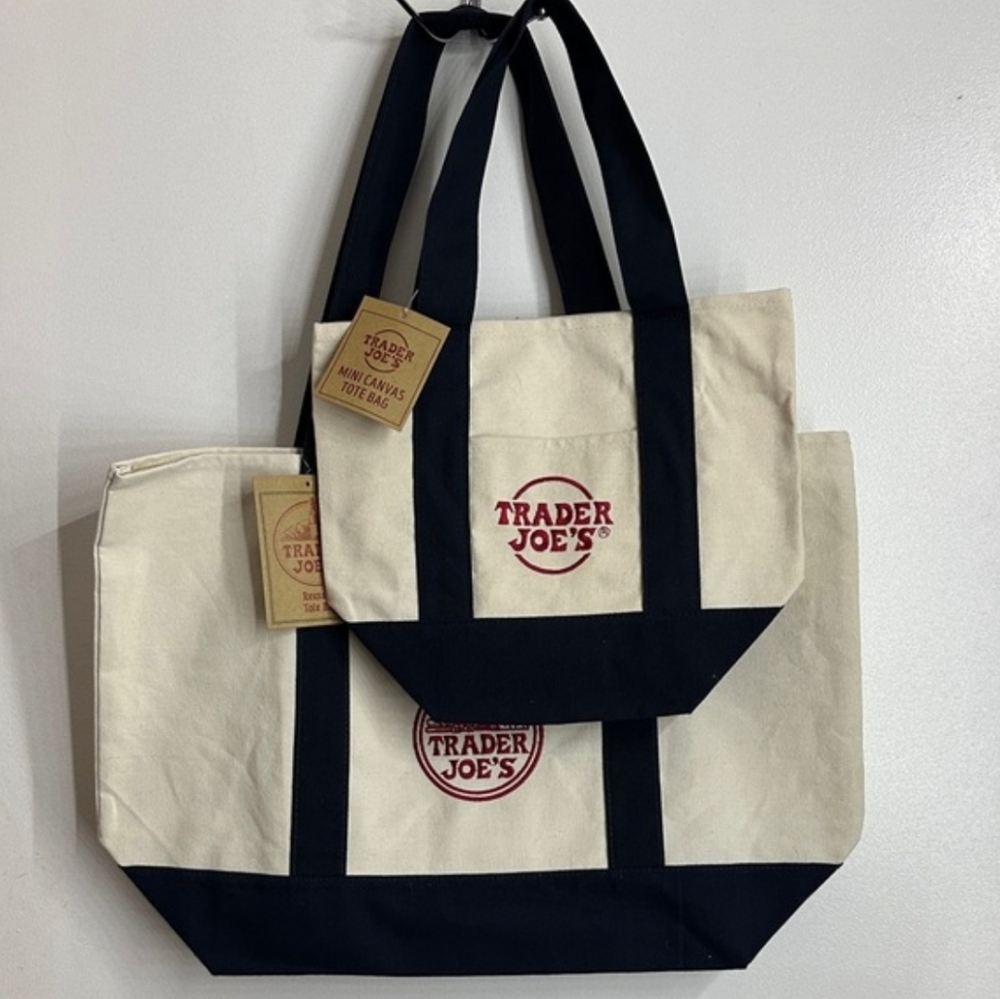 Trader Joe's Canvas Tote Bags Set Navy BLUE NWT